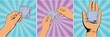 Hands with comdoms collection. Preventing the spread of genital infections. Vector illustration in pop art style