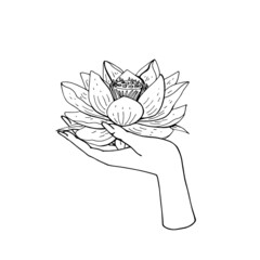 Wall Mural - Vintage boho illustration of female Hand holding lotus flower.