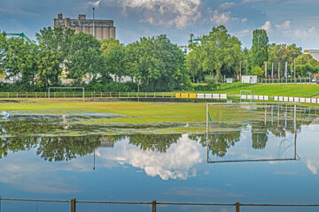 Wall Mural - Picture of flooded soccer field during high water due to heavy rains