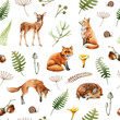 Fox and deer animal seamless pattern. Watercolor image. Hand drawn wild forest fox, deer animals, herbs, fern, mushrooms. Seamless pattern for fabric, paper, tixtile print. White background