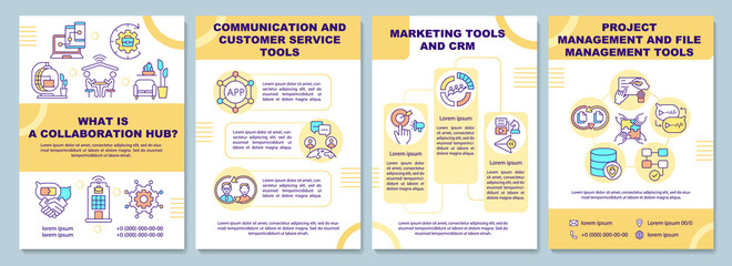 Collaboration hub brochure template. Communication for work. Flyer, booklet, leaflet print, cover design with linear icons. Vector layouts for presentation, annual reports, advertisement pages