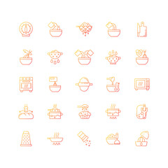 Sticker - Cooking instruction gradient linear vector icons set. Frying pan. Kitchen timer. Food preparation process steps. Thin line contour symbols bundle. Isolated vector outline illustrations collection