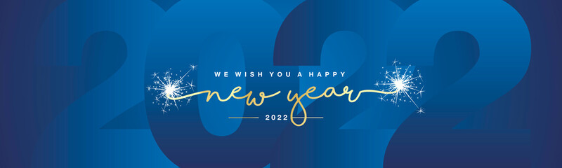 Poster - We wish you Happy New Year 2022 line designed handwritten lettering white blue background with sparkle firework
