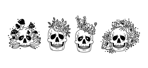 Poster - Mystical floral skull isolated clipart bundle,creepy floral boho skull collection, cactus, succulent, mushroom human skull set, horror halloween black and white vector set