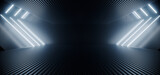 Fototapeta Perspektywa 3d - Neon Laser Blue White Led Lights Sci Fi Futuristic Modern Spaceship Dark Tunnel Corridor Hangar Garage Metal Glossy Showroom Empty Stage 3D Rendering