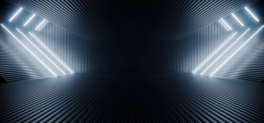 neon laser blue white led lights sci fi futuristic modern spaceship dark tunnel corridor hangar gara