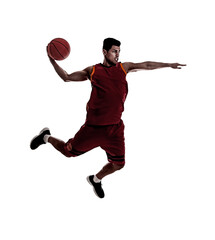 Wall Mural - Silhouette of professional sportsman playing basketball on white background