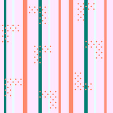 Vector Seamless Pattern With Stripes And Polka Dots In Gentle Tones As Terra Cotta Orange, Emerald Green On Pale Pink Lavender Background. Pastel Trendy Colors Geometry. Modern Wallpaper Design. Wall.