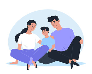 Wall Mural - Happy family sitting on the floor and hugging