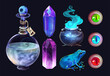 a set of props, a magic potion. frog, cauldron, eyeballs, amethyst, opal, transparent bottle with a label. game items, isolated icons, fantasy illustrations in a casual style.