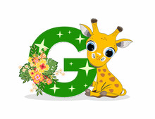 Cute Cartoon Little Giraffe With Letter G. Perfect For Greeting Cards, Party Invitations, Posters, Stickers, Pin, Scrapbooking, Icons.