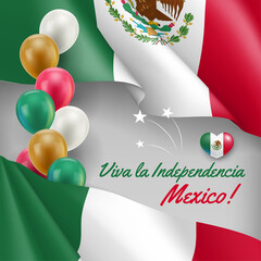 Wall Mural - 16th September Independence Day of Mexico vector banner. Viva La Independencia Mexico greeting, invitation card, poster, cover design with waving national flag realistic illustration