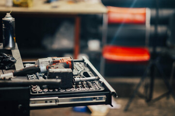 Tool box in the garage, the concept of the technical equipment of the car service.