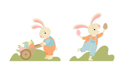 Poster - Cute Easter Bunny with Long Ears in Jumpsuit Pulling Wheelbarrow with Eggs Vector Set