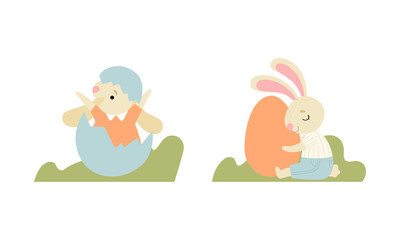 Sticker - Cute Easter Bunny with Long Ears Hatching from Egg and Embracing It Vector Set