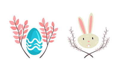 Sticker - Funny Easter Bunny Head with Long Ears and Grey Coat with Decorated Egg and Floral Branch Vector Set