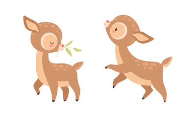 Sticker - Cute Baby Deer with Spots as Adorable Hoofed Mammal Holding Branch and Standing on Hind Legs Vector Set