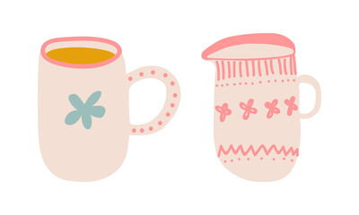 Sticker - Cute Hand Drawn Cup or Mug for Drinking Tea Vector Set