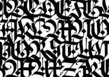 Medieval Gothic Pattern.  European Modern Gothic. Black Letters On A White Background. All Letters Are Handwritten With A Pen. Capital Letters. Ornament For Packaging And Clothing.