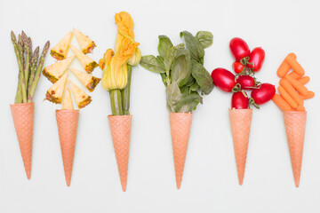 Wall Mural - cone waffle with pineapple slices, zucchini's flower,basil,tomatoes and baby carrot