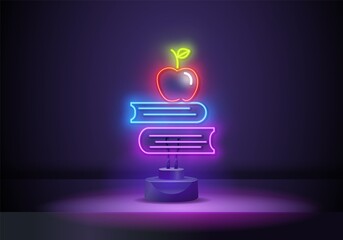 Wall Mural - School textbooks neon sign. Stack of books and red apple. Back to school concept. Vector illustration in neon style, glowing element for topics like education, knowledge, studying