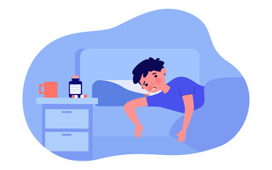 Wall Mural - Sick boy lying in bed flat vector illustration. Child with thermometer in his mouth, under blanket, next to bedside table with hot drink and pills. Illness, flu, temperature, covid-19, health concept