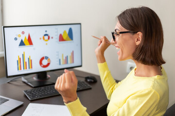 Caucasian advisor financial business analytics woman with data dashboard graphs happy excited winner amazed mouth open
