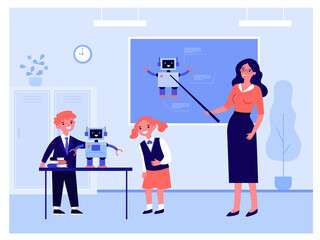 Wall Mural - children learning robotics in classroom. flat vector illustration. teacher pointing to blackboard, k