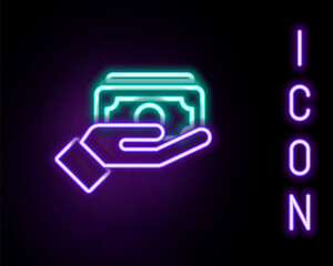 Sticker - Glowing neon line Stacks paper money cash in hand icon isolated on black background. Insurance concept. Money banknotes stacks. Bill currency. Colorful outline concept. Vector