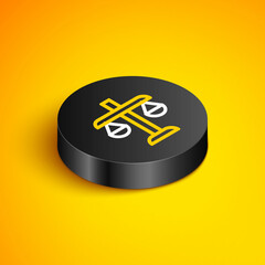 Sticker - Isometric line Scales of justice icon isolated on yellow background. Court of law symbol. Balance scale sign. Black circle button. Vector