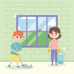 Poster - girl and boy mopping