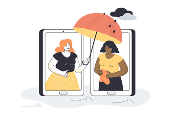 Wall Mural - Woman giving support to sad female friend over phone. Character with umbrella helping black girl with depression, online therapy flat vector illustration. Mental health, empathy, psychology concept