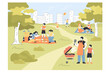 Happy big family having picnic in park in spring. Landscape with cartoon people eating under trees, children playing, city background flat vector illustration. Outdoor activity, leisure concept