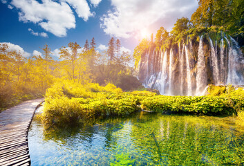 Canvas Print - Magical view of the grand waterfall on a sunny day. Plitvice Lakes National Park, Croatia.