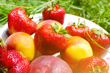 Wall Mural - Strawberries and peaches on a plate on the green grass. Delicious and fresh summer fruits. Healthy vegetarian food with vitamins.