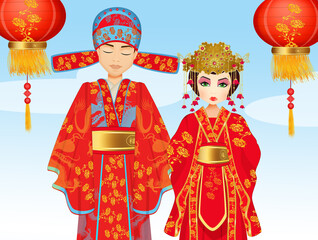 Poster - illustration of chinese wedding couple for traditional wedding