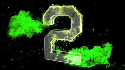 metallic number 2 with green electricity sparks and glowing neon heat. 3d illustration.