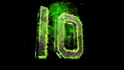 Metallic number 10 with green electricity sparks and glowing neon heat. 3D illustration.