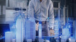 © Iokanan Pro - Professional Architect works with Holographic Augmented Reality 3D City Model using gestures. Technologically Advanced Office use Augmented Virtual Modeling Software Application on Futuristic Display.