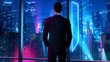 © Iokanan Pro - In the near future, thoughtful Businessman wearing a suit standing in his office, looking out of the window and staring at a futuristic city with skyscrapers and colorful lights.