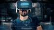 © Iokanan Pro - Bearded man uses VR-headset display for virtual reality game while entering an immersive holographic experience inside the Metaverse. Concept of virtual hologram, simulation, gaming.