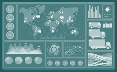 Wall Mural - Isometric Global logistics network concept. Interactive panel for tracking cargo online. Maritime, air shipping transport logistic, warehouse storage concept, export or import