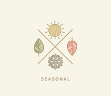 Symbols For Four Seasons. Icon Set With Signs For Hot Summer,cold Winter,red Autumn And Green Spring. Snowflake, Red And Green Leaf, Sun. Great Template For Logo, Web, Design. Vector Illustration.