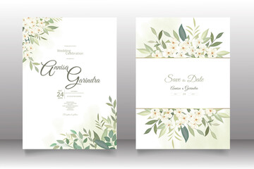 Wall Mural -  Wedding invitation card template set with beautiful white floral leaves Premium Vector