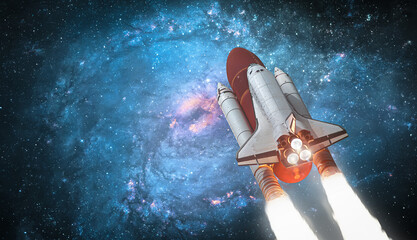 Leinwandbilder - Space shuttle in far bright space with galaxy. View on space shuttle and milky way. Elements of this image furnished by NASA