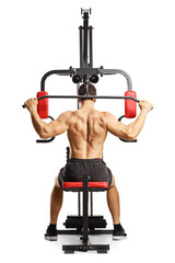 Poster - Shirtless musuclar man exercising back muscles with a bar on a fitness machine