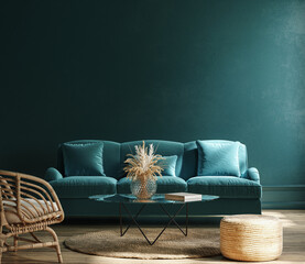 Dark home interior mock-up with turquoise sofa and dry bouquet on table in living room, 3d render