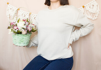 Canvas Print - Blank sweatshirt mock up. Female wear plain hoodie mockup with flowers.
