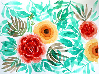 Wall Mural - Dibujo en acuarela de rosas, flores y hojas. Ilustración botánica decorativa. Patrón de naturaleza