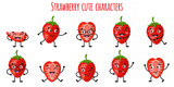 Fototapeta  - Strawberry fruit cute funny cheerful characters with different poses and emotions.